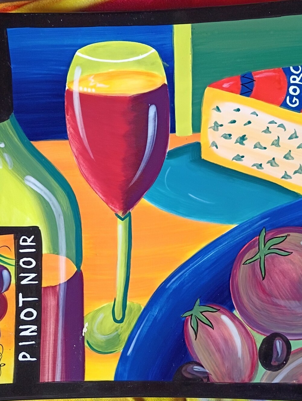 Vibrant Wine & Cheese Still Life Wall Art Plate - Red, Green, Blue